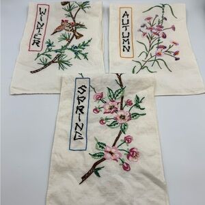 Vintage Lot of 3 Embroidered Asian Theme Fabric Panels / Tea Towels